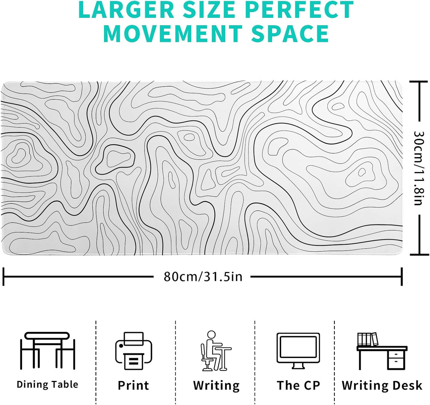 Gaming Mouse Pad Topographic Large Mousepad Keyboard 31.5 x 11.8in for Non-Slip Base and Stitched Edge, Extended Desk Pad XL Desk Mat (White)