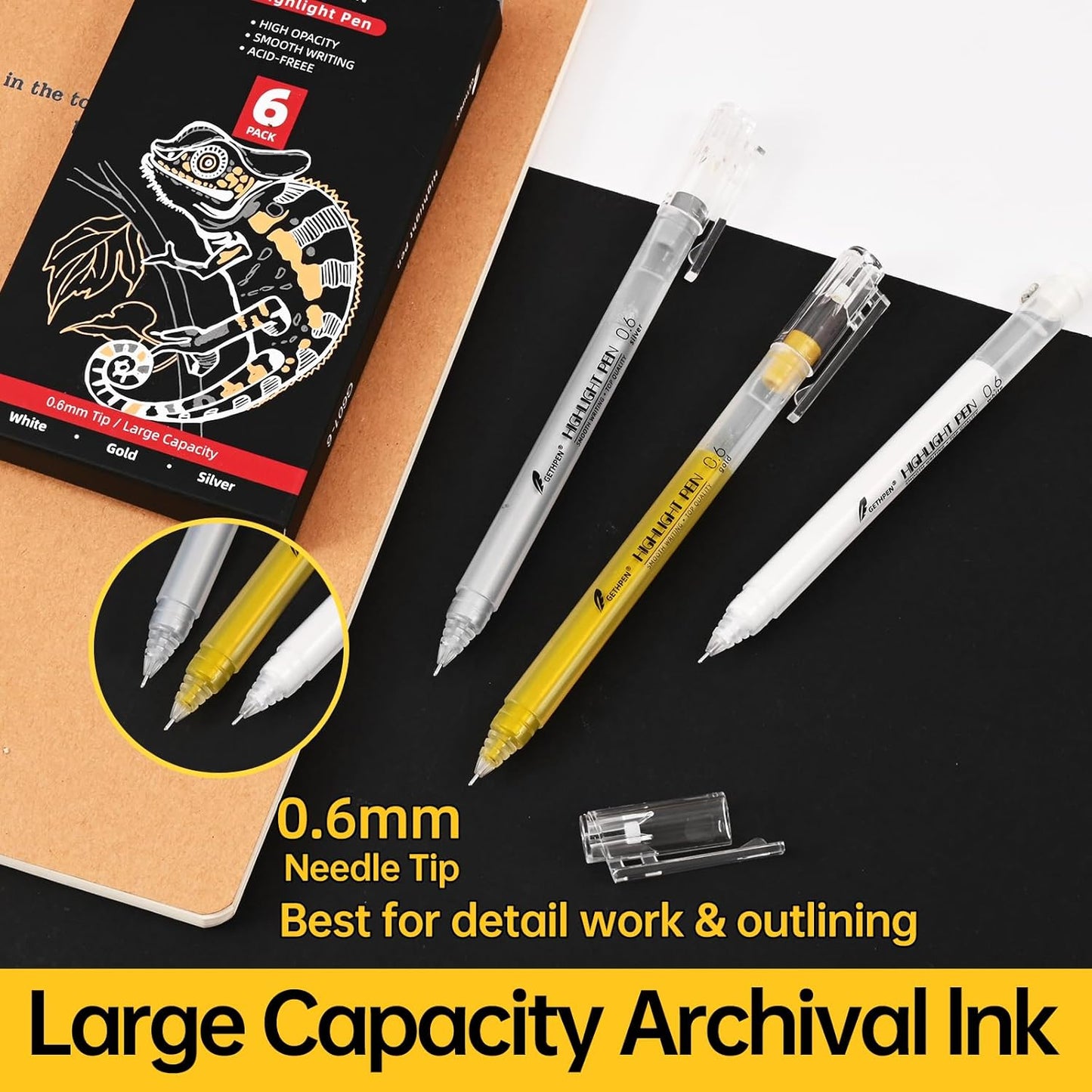 0.6mm Fine Point White Gel Pens, 3-Pack for Artists Drawing, Sketching, Illustration, and Adult Coloring Books, Opaque White Ink for Black Paper, Bullet Journaling, and Card Making