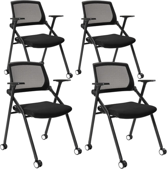 Home Office Chair Set of 4 Adjustable Armrest Ergonomic Mid-Back Breathable Mesh Foldable Conference Reception Chairs for School Waiting Room Small Space