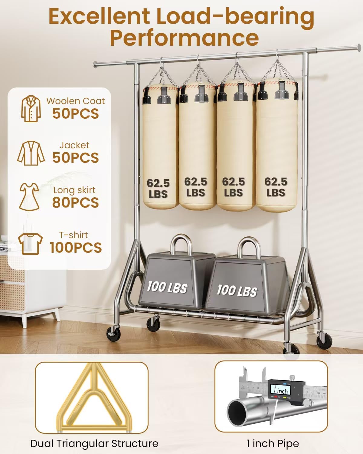 Heavy Duty Clothing Rack, Metal Clothes Rack Load 450 LBS, Rolling Coat Racks for Hanging Clothes with Lockable Wheels, Wardrobe Closet Garment Racks for Bedroom, Silver