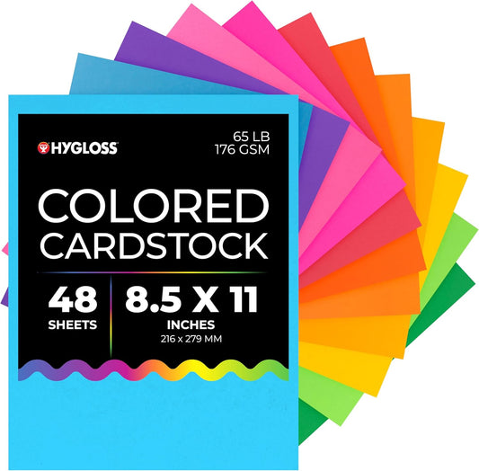 Hygloss Bright Colored Cardstock - 8.5x11-Inch, 12 Assorted Colors, 48 Sheets, 65 lb/ 176 gsm, Fade-Resistant, Acid-Free Color Card Stock Paper