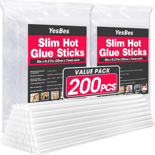 200 PCS Mini Hot Glue Sticks, 8" Long x 0.27" Diameter Glue Sticks for Glue Gun, Perfect Fit for Mini Glue Guns, Widely Used in Wood, Metal, Glass, Plastic, Floral, Fabric, and More