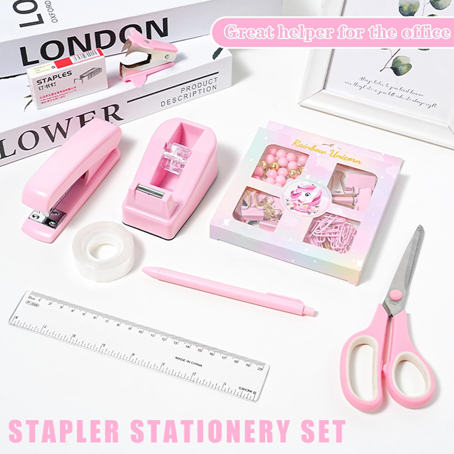 Pink Desk Accessories with Pen Holder, Pink Office Supplies Desk Organizers and Accessories for women, Tape Dispenser, Stapler, Staple Remover, Staples, Clips Set, Ruler, Scissor, Pen, Tape