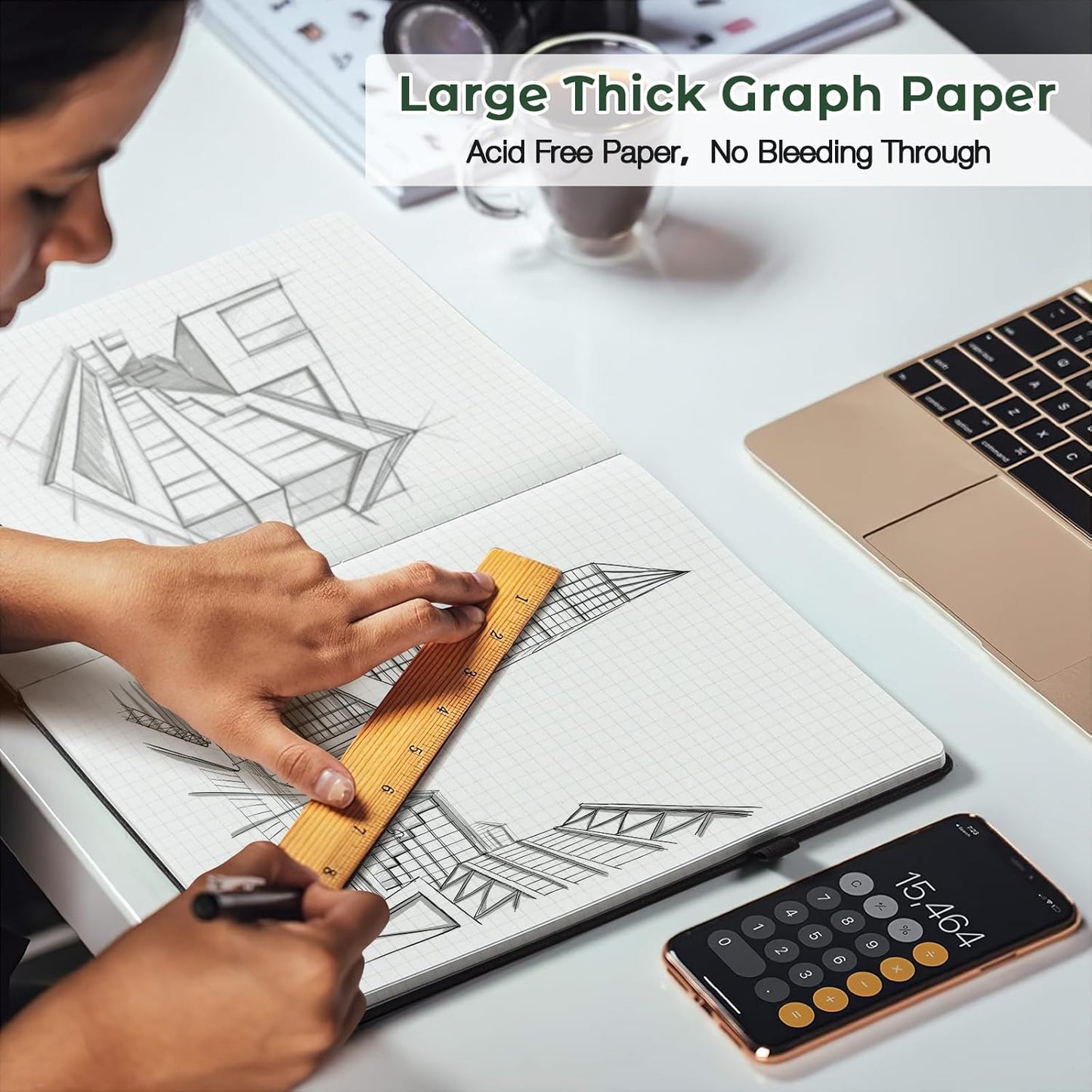 Graph Paper Notebook, Hardcover Notebook 8.5 x 11, Grid Notebook Journal for Women, Men, Large Leather Journals for Writing, Thick Paper, A4 Notebooks for Work, School Supplies, Engineering Green