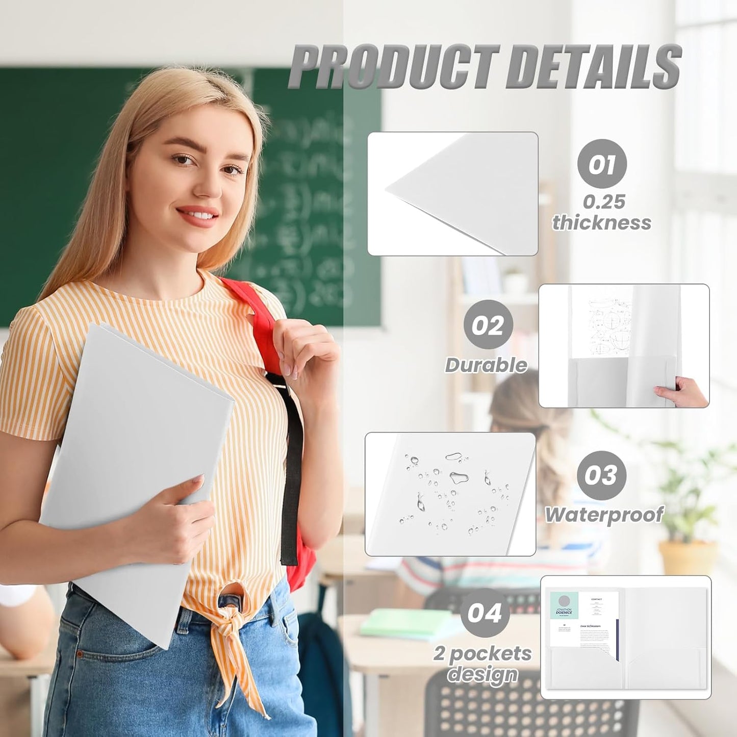 Gueevin 150 Pcs Plastic Folders with Pockets, Two Pocket Folder Fit 8.5 x 11 Inch Letter Size Paper, Heavy Duty School Folders Business Card Holder for Home Office School Bussiness (White)