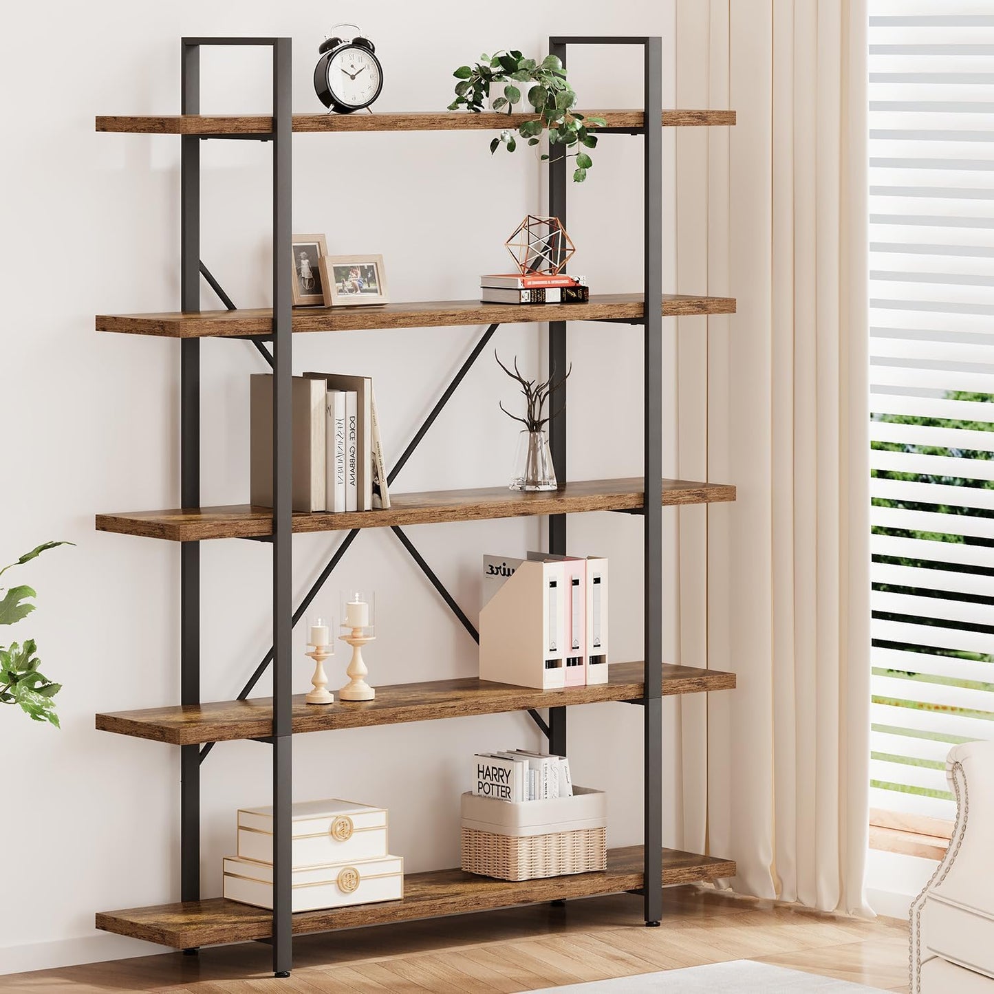HSH Rustic Bookcases and Book Shelves 5 Shelf, Metal Wood 5 Tier Bookshelf and Storage Book Rack, Vintage Large Book Shelf for Bedroom Living Room Office,Open Vertical Display Etagere Book Case, Brown