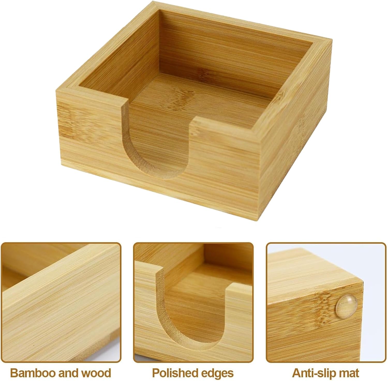 Buqoo Bamboo Office Supplies Desk Organizers, Wood Sticky Notes Holder Tape Dispenser Cutter Wooden Stapler for Office Home School