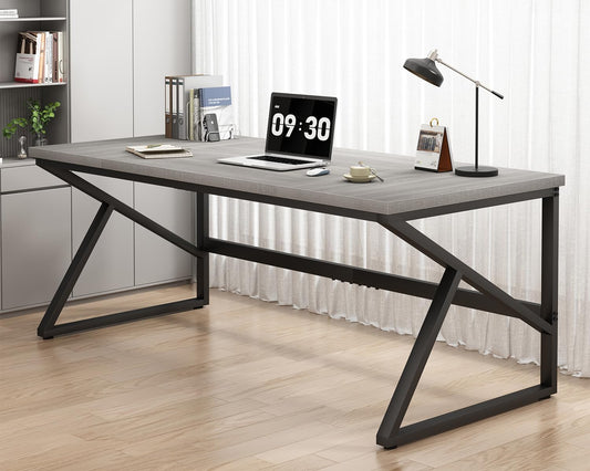HSH 70 Inch Long Grey Desk, Large Home Office Computer Desk for 2 People, Industrial Wood and Metal Executive Work Writing Study Gaming Desk Table, Modern Bedroom Simple PC Laptop Desk Double Desk