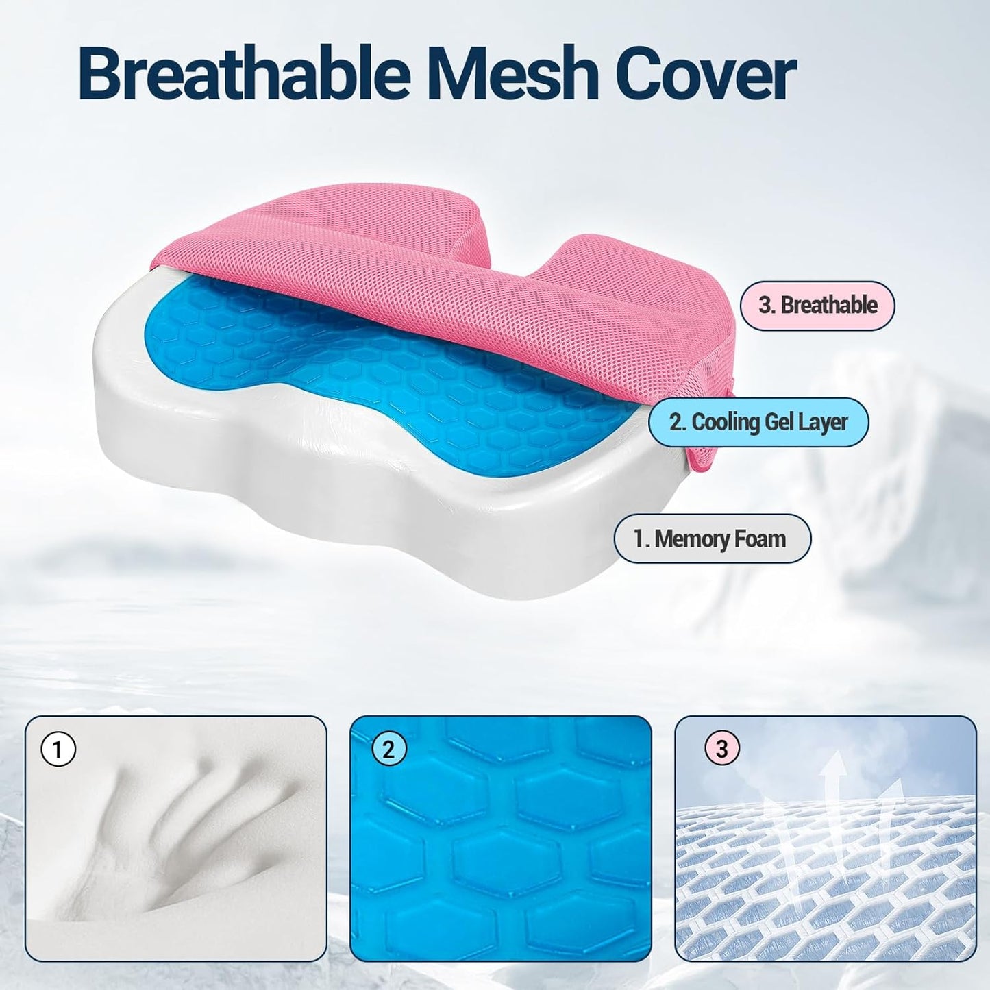 Gel Seat Cushion for Car Office - Memory Foam Pain Relief Chair Pillow Cushions - Tailbone Sciatica Coccyx Butt Lumbar Support Pad for Sitting Driving Traveling, Mesh, Pink