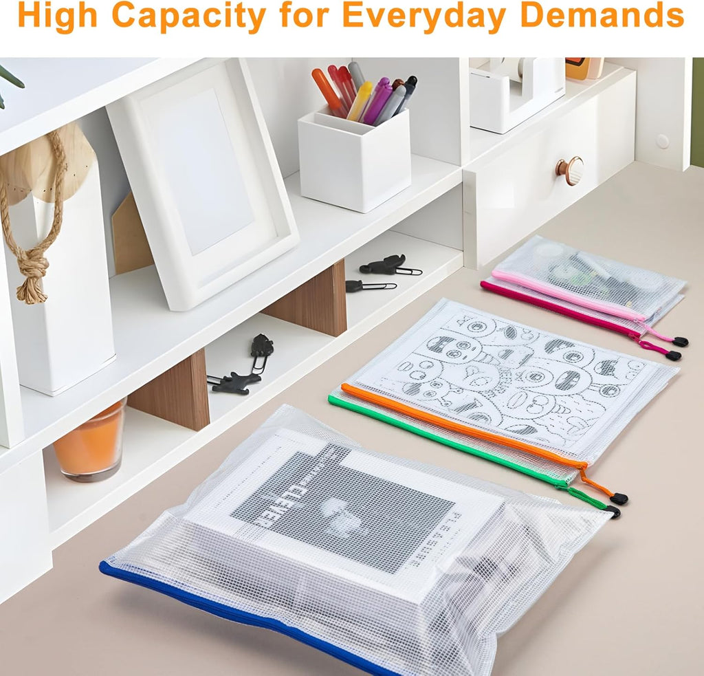 64Pack Mesh Zipper Pouch Bags, Waterproof A4 Letter Size Document Zipper Pouches for Storage, Teacher School, Toys, Puzzle, Office, 8 Colors