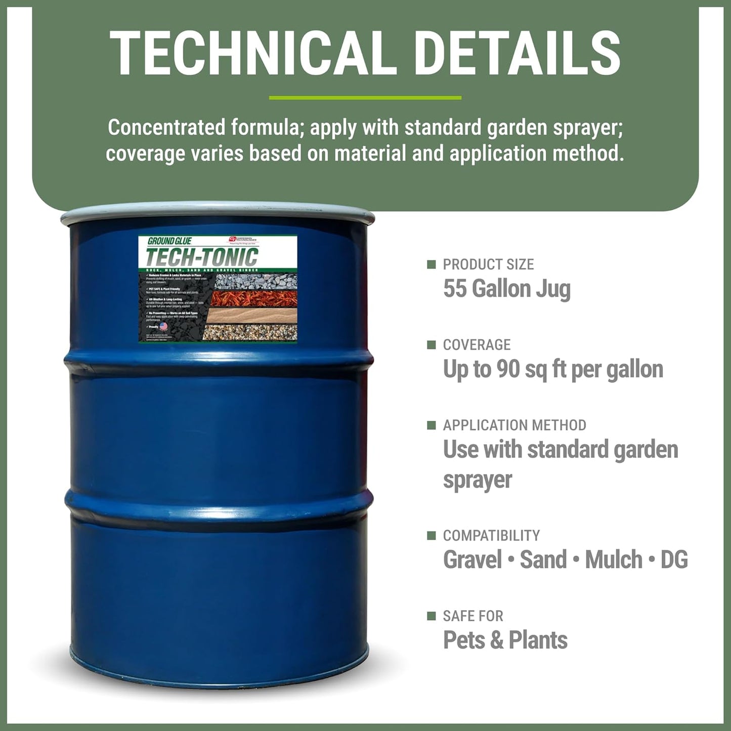 Ground Glue Tech-Tonic Landscape Adhesive for Rock, Mulch, and Sand, Weatherproof Long-Lasting Stabilizer for Trails & Slopes, Pet-Safe Binder for Pea Gravel, Bark & Flower Beds, 55 Gallon Tote