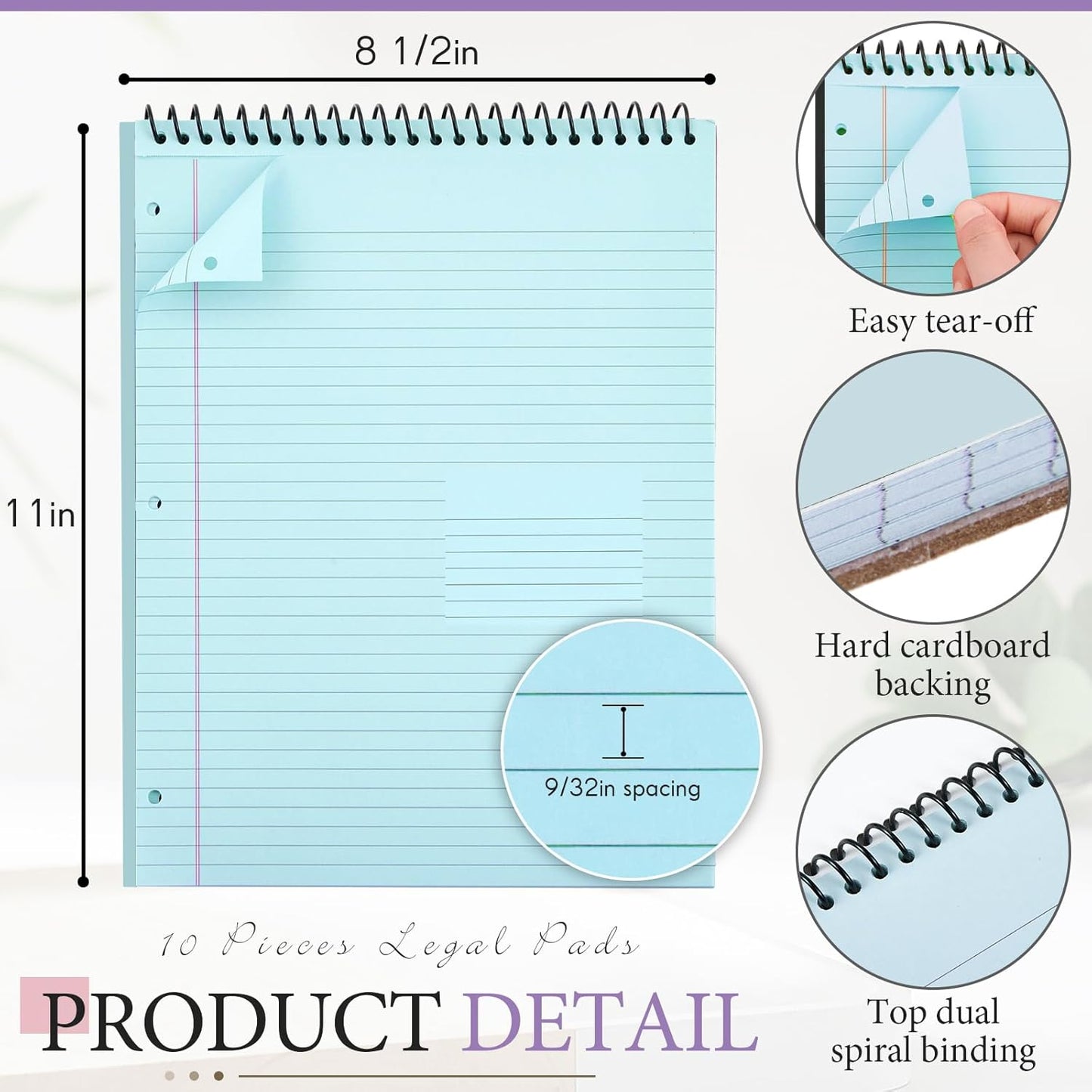 10 Packs 8.5" x 11" Top Spiral Notebook with 3 Hole Punched Legal Pads College Ruled Notepad 50 Sheets Hard Cardboard Paper Wirebound Notepad for Office School Business (Pink,Blue,Purple)
