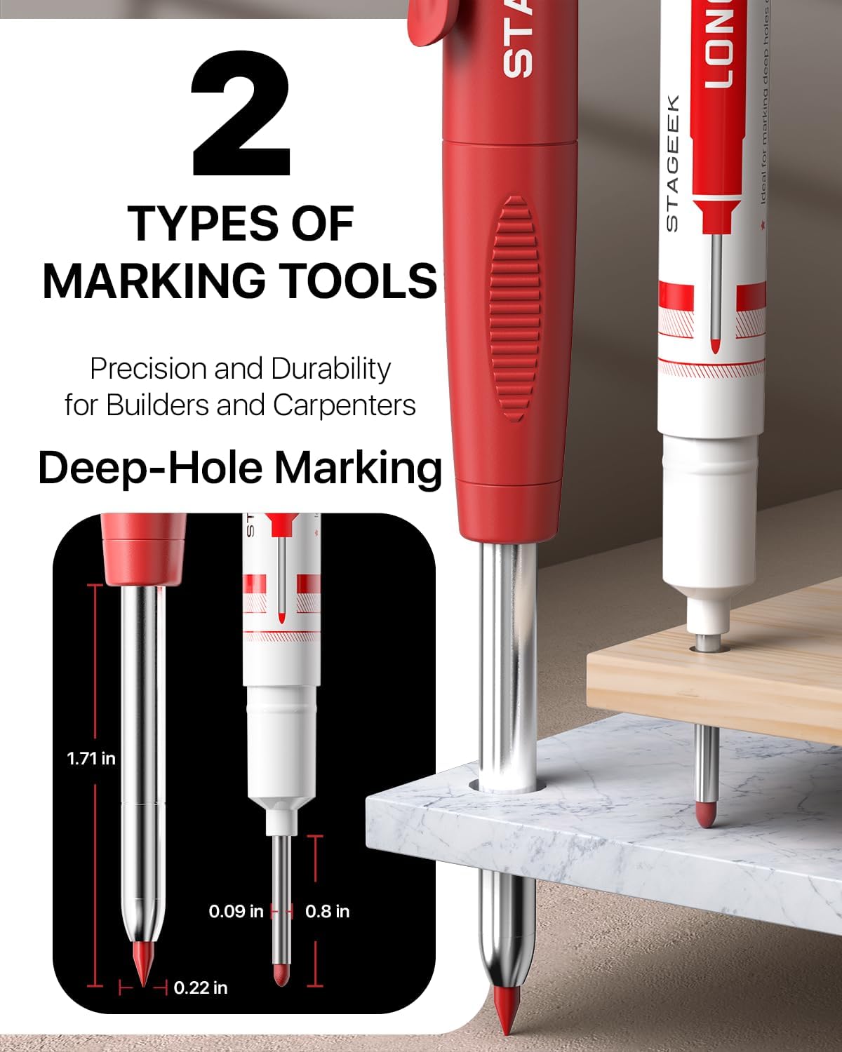 3PCS Carpenter Pencils with Sharpener, Heavy Duty Woodworking Tools, Mechanical Pencil Set with 39 Refills, Deep Hole Long Nib Marker Pens for Architect Marking with Case (Red, Black, Yellow)