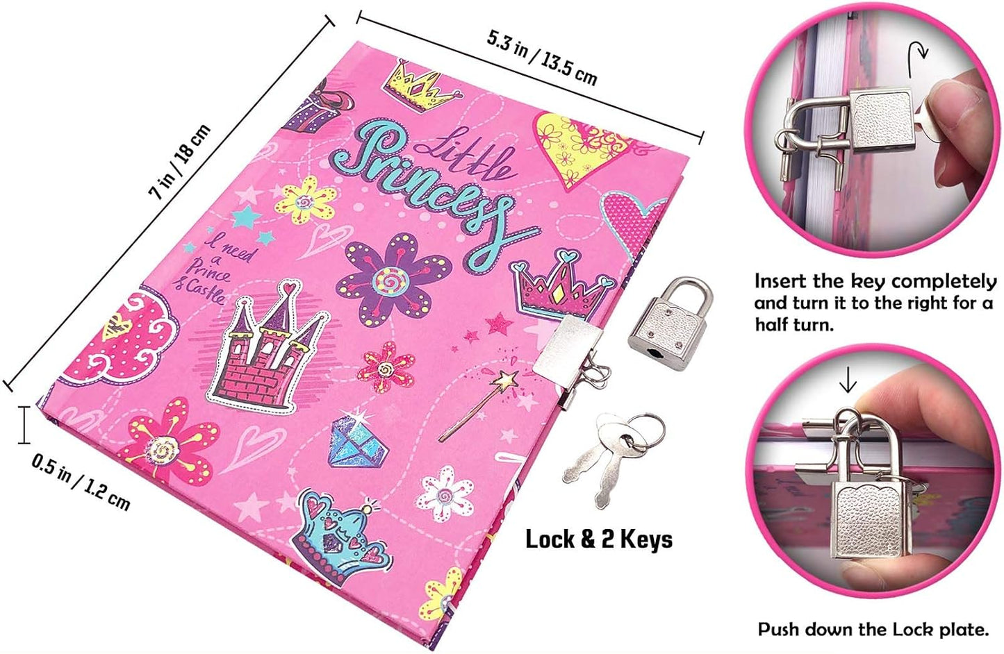 Girls Diary with Lock for Kids, 7x5.25 Inches 160 Lined Pages Secret Pink Princess Notebook for Girls Journal with Lock for Kids Pre School Writing Drawing Cute Girls Gifts for Birthday