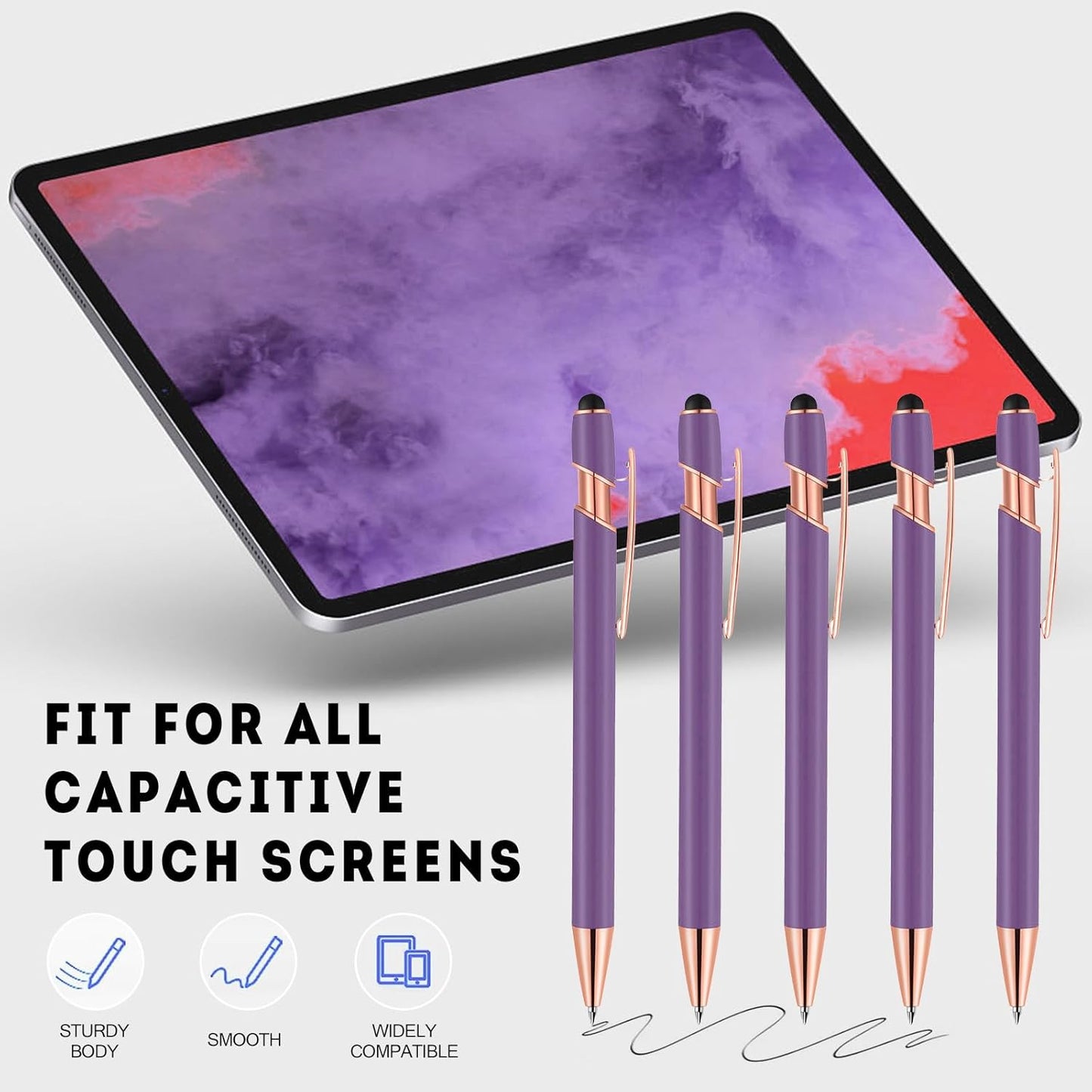 12 PCS 2 in 1 Stylus Ballpoint Pen with Stylus Tip, 1.0 mm Black Ink Metal Pen Stylus Pen for Touch Screens (Light Purple)