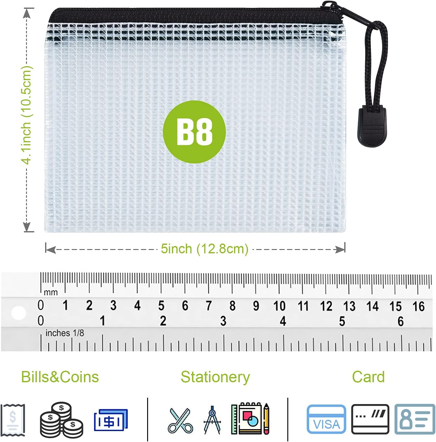 12 Pcs Plastic Mesh Zip File Bags, Waterproof Tear-Resistant Document File Folders, B8 Size Zipper Documents Pouch Document Organizer Bags for School Office Home Travel Storage(5×4.1 Inch)