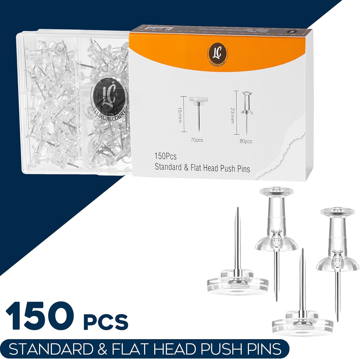 150 Pack Assorted Clear Push Pins by Luxurecourt for Bulletin Board, Wall Hanging, Cork Board, Shadow Box Display - Includes Flat Head Thumbtacks & Standard Pushpins in Plastic Resuable Storage Box.
