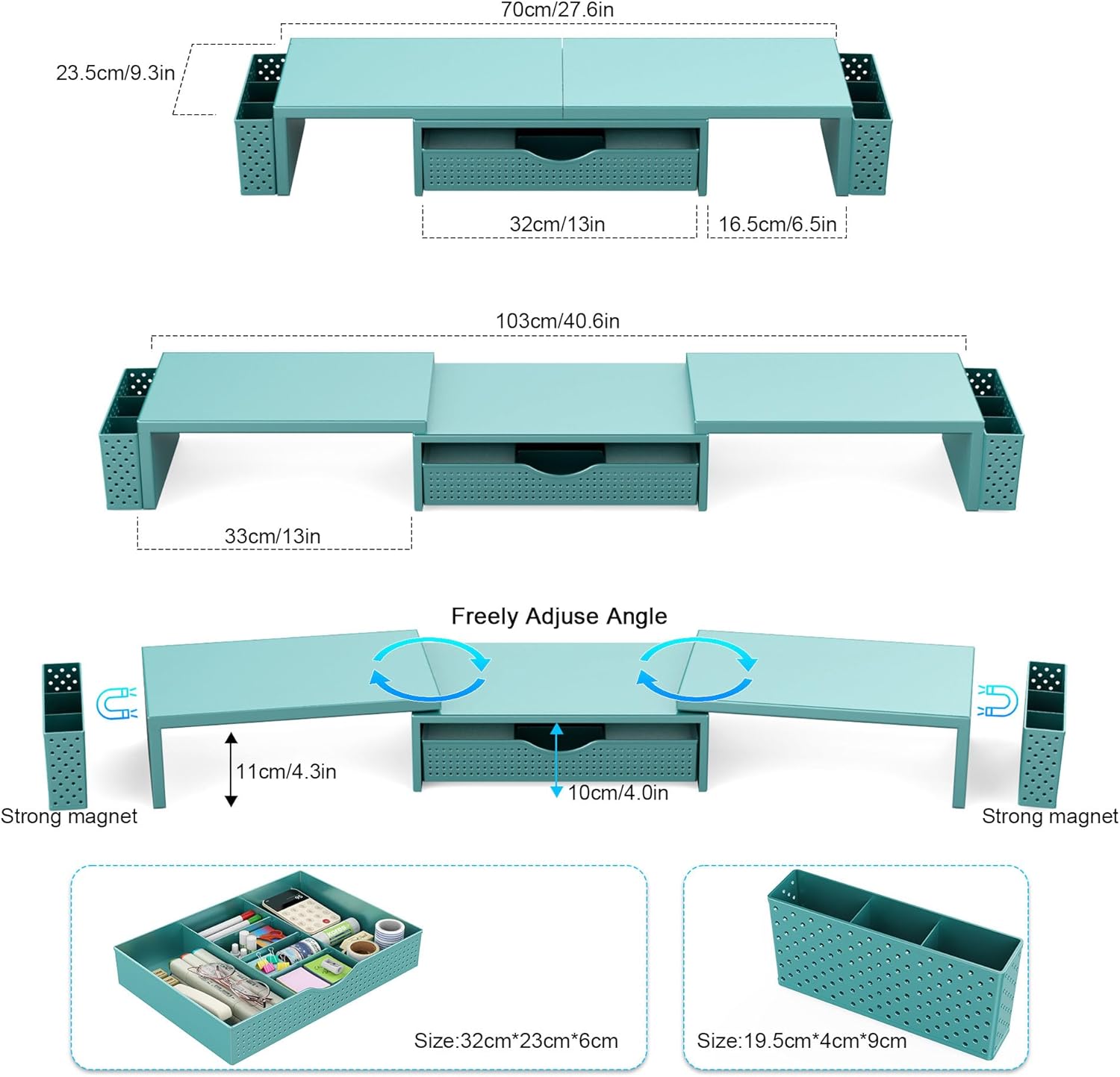 Spacrea Metal Desk Organizers and Accessories, Dual Monitor Stand Riser with Drawer and 2 Pen Holders, Desk Accessories & Workspace Desktop Organizers for Office Supplies (Blue)
