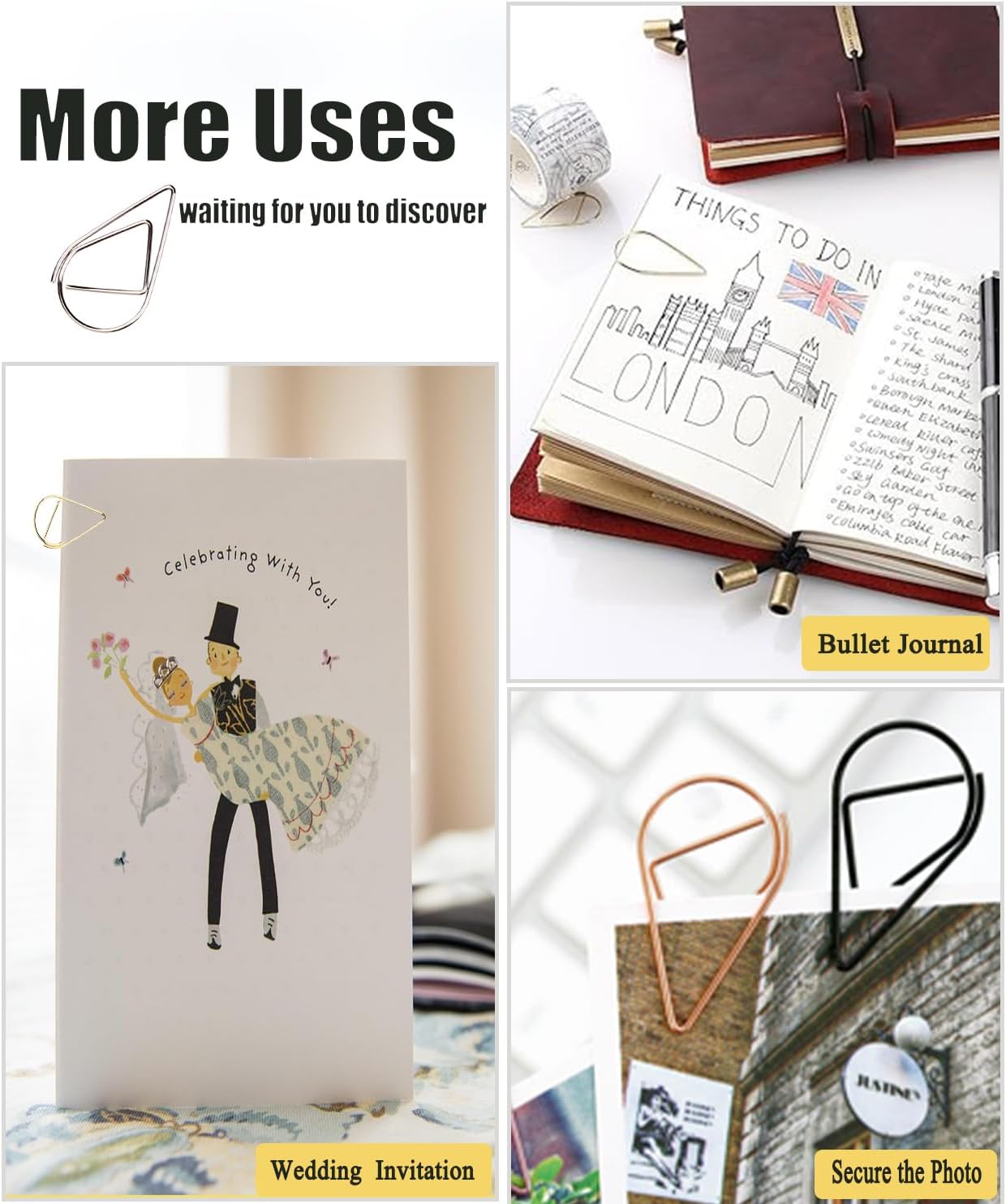 200 Pcs Teardrop Paper Clips Bulk,Stainless Steel Rust-Resistant Paperclips for Wedding Invitations, 3X Stronger Hold with Mirror Polish (Silver + Black, 1inch)