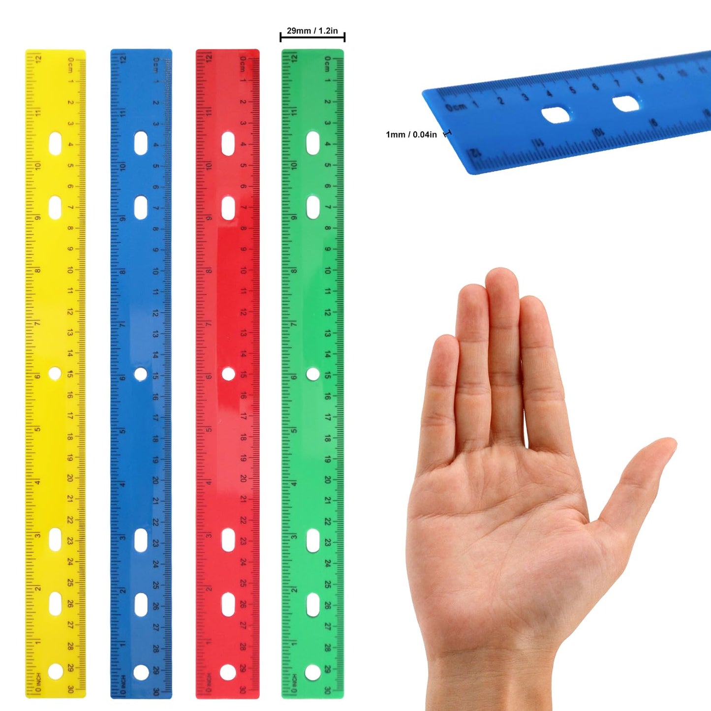 200 Pack 12 Inch Plastic Rulers Bulk, 4 Color Plastic Ruler, Colourful Ruler with Dual-Scale Measurement, Easy to Store, for Home, Office, Practical Use by KUKLIPJIM