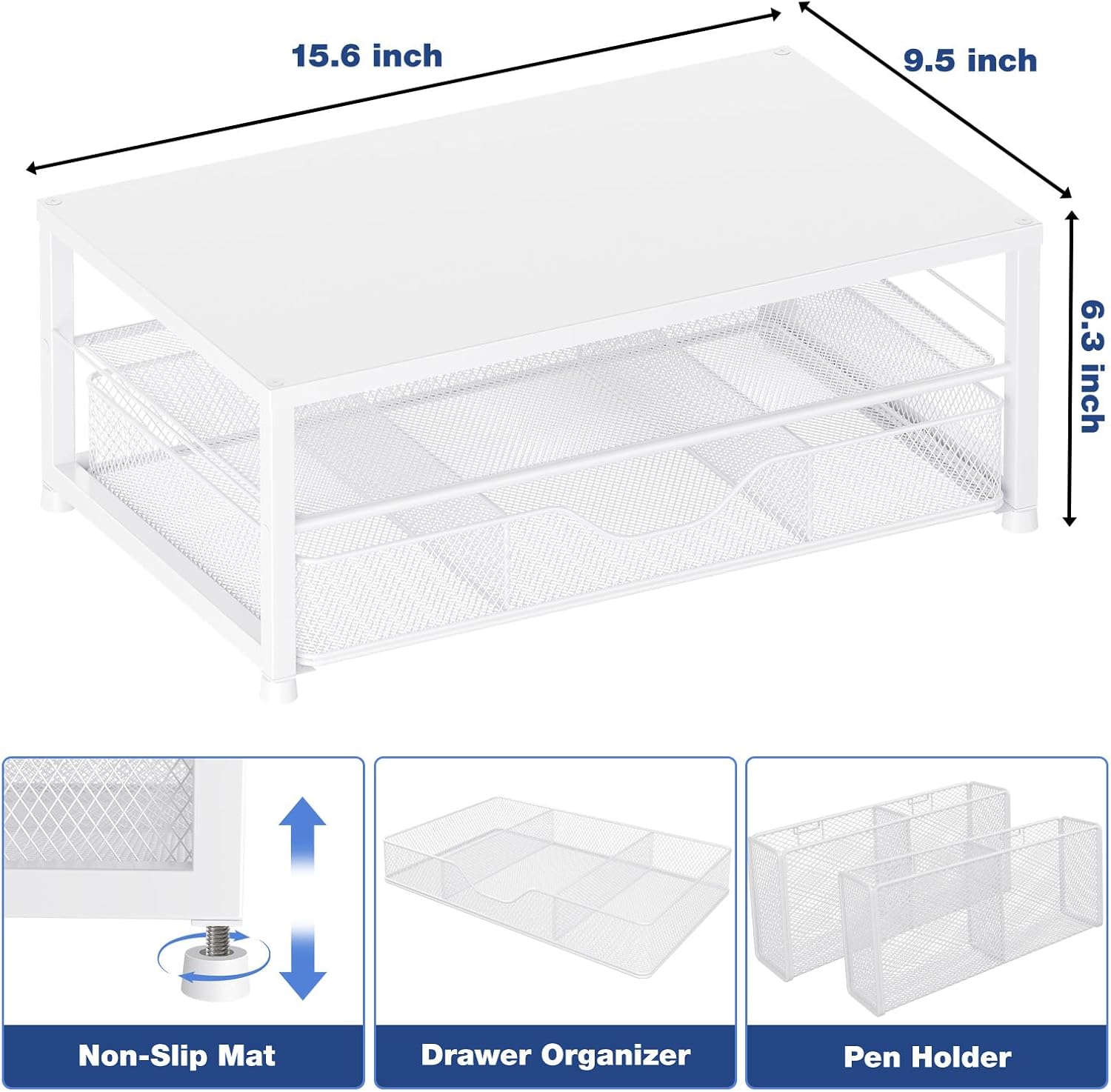 Desk Organizers and Accessories, 2-Tier Computer Monitor Stand Riser with Drawer and 2 Pen Holders, Laptop Stand, Office Desk Accessories for Office Supplies, White
