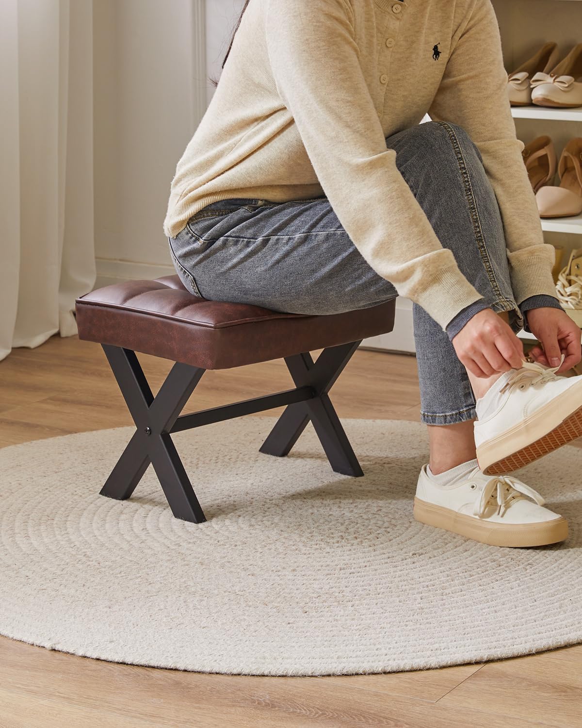 IBUYKE Small 12" H Footrest Stool, Square PU Foot Stool with Metal X-Leg, Multi-Use as Small Side Table, Step Stool for Living Room, Bedroom, Entryway, Office, Dark Brown WBD012Z