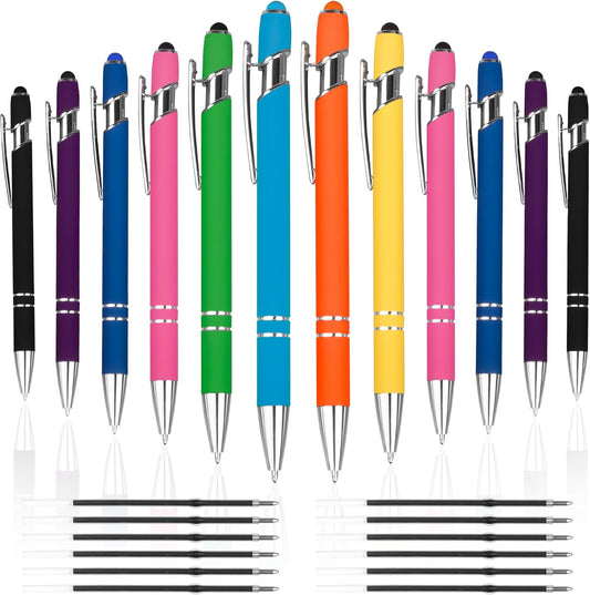 12 PCS 2 in 1 Stylus Ballpoint Pen with Stylus Tip, 1.0 mm Black Ink Metal Pen Stylus Pen for Touch Screens (Silver & Mix-1)