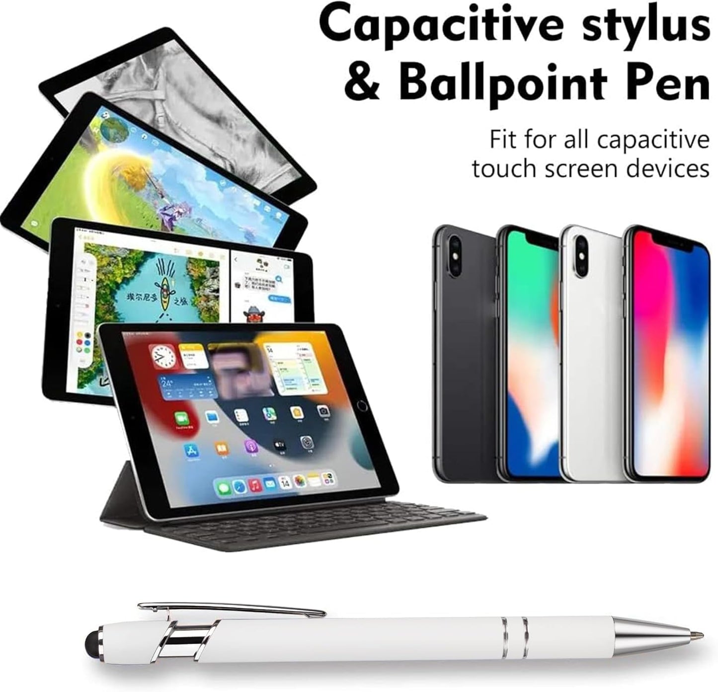 12 PCS 2 in 1 Stylus Ballpoint Pen with Stylus Tip, 1.0 mm Black Ink Metal Pen Stylus Pen for Touch Screens (Silver & White)