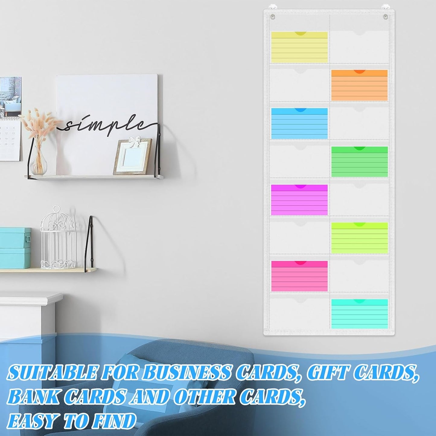 2 Pack 3'' x 5'' Index Card Holder Sleeve 16 Slot Plastic Organizer Hanging Wall Mount Business Note Cardholder PVC Clear Organizer Pocket for Classroom Office Library Home (White)