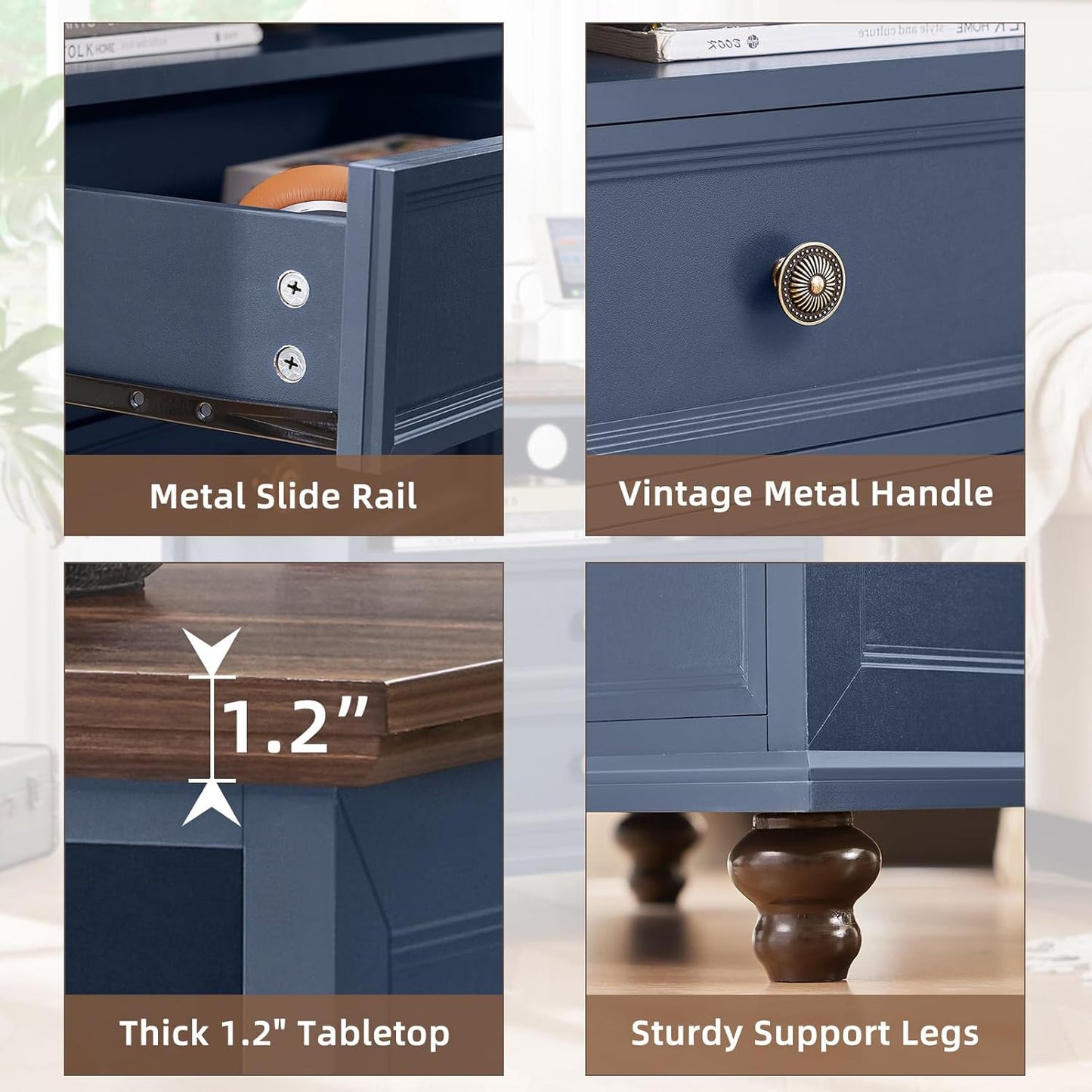 24" Wide Farmhouse Nightstand Set of 2 with Charging Station,End Table with 2 Drawers,Blue Wood Dresser for Bedroom Cabinet, Bed Side Table Chest of Drawers, Night Stand for Living Room, Closet