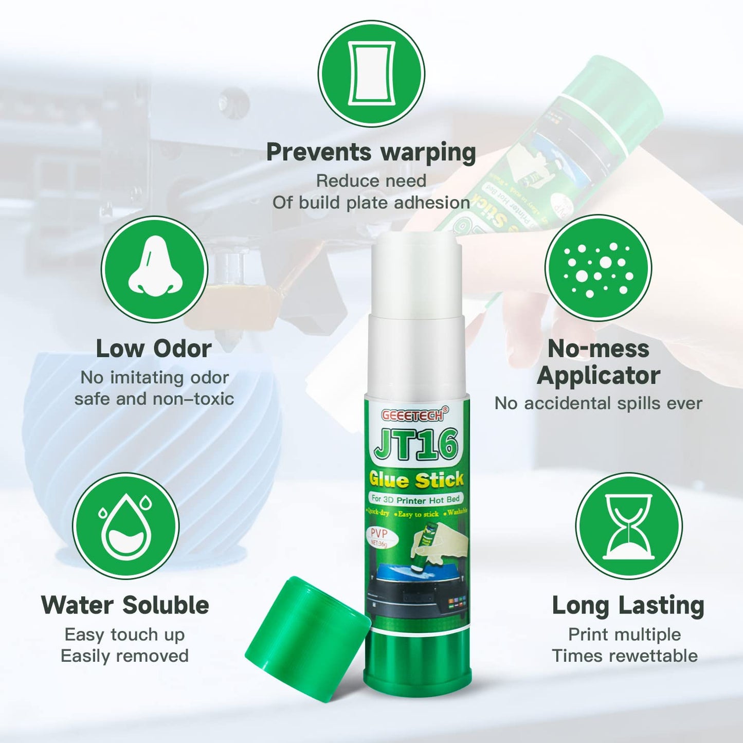 Geeetech 3 Pieces 3D Printer Glue Sticks 36 Gram Each PVP Solid Glue Stick for 3D Printer Hot Bed, Water-Soluble Glue Stick, Quick Dry, Easy to Stick and Washable