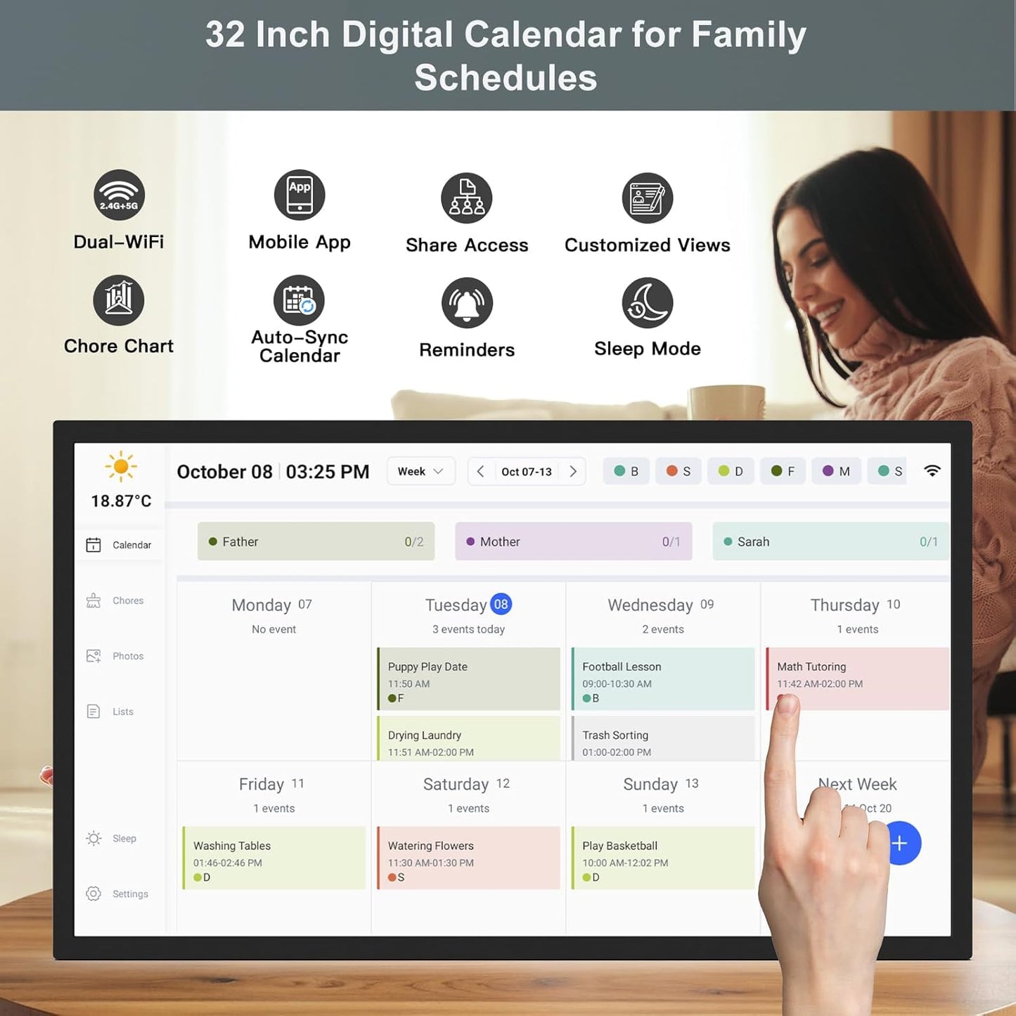 32" Smart Digital Calendar for-Family-Business-Planner - Electronic Calendar for Business Chore Chart, Touchscreen Display for Family Schedules, Auto-Sync Google iCloud Outlook Calendars for Kid Adult