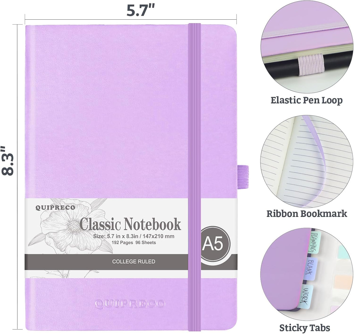Hardcover Lined Bullet Dotted Journal Notebook, A5 140 192 Pages 100 120Gsm Paper College ruled for School,Work,Travel,and Daily Planning，5.7''*8.3'' (6, Lavender, A5 Lined)