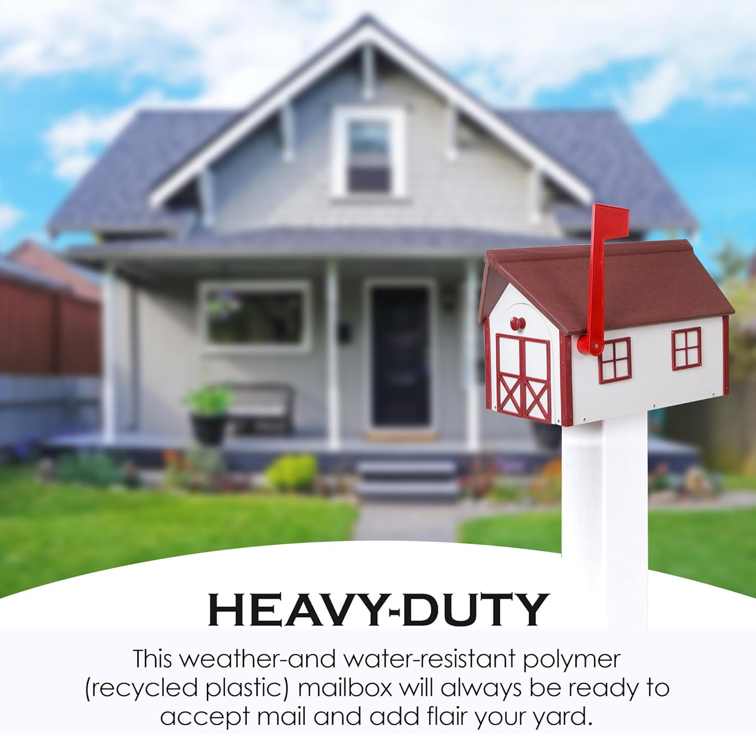 Peaceful Classics Poly Mailbox Durable, Weather-Resistant Amish Craftsman Mailboxes, Outside Uses Like Front Yard and Road Side Long-Lasting, Decorative, Modern Mailbox (White w/Burgundy Trim & Roof)