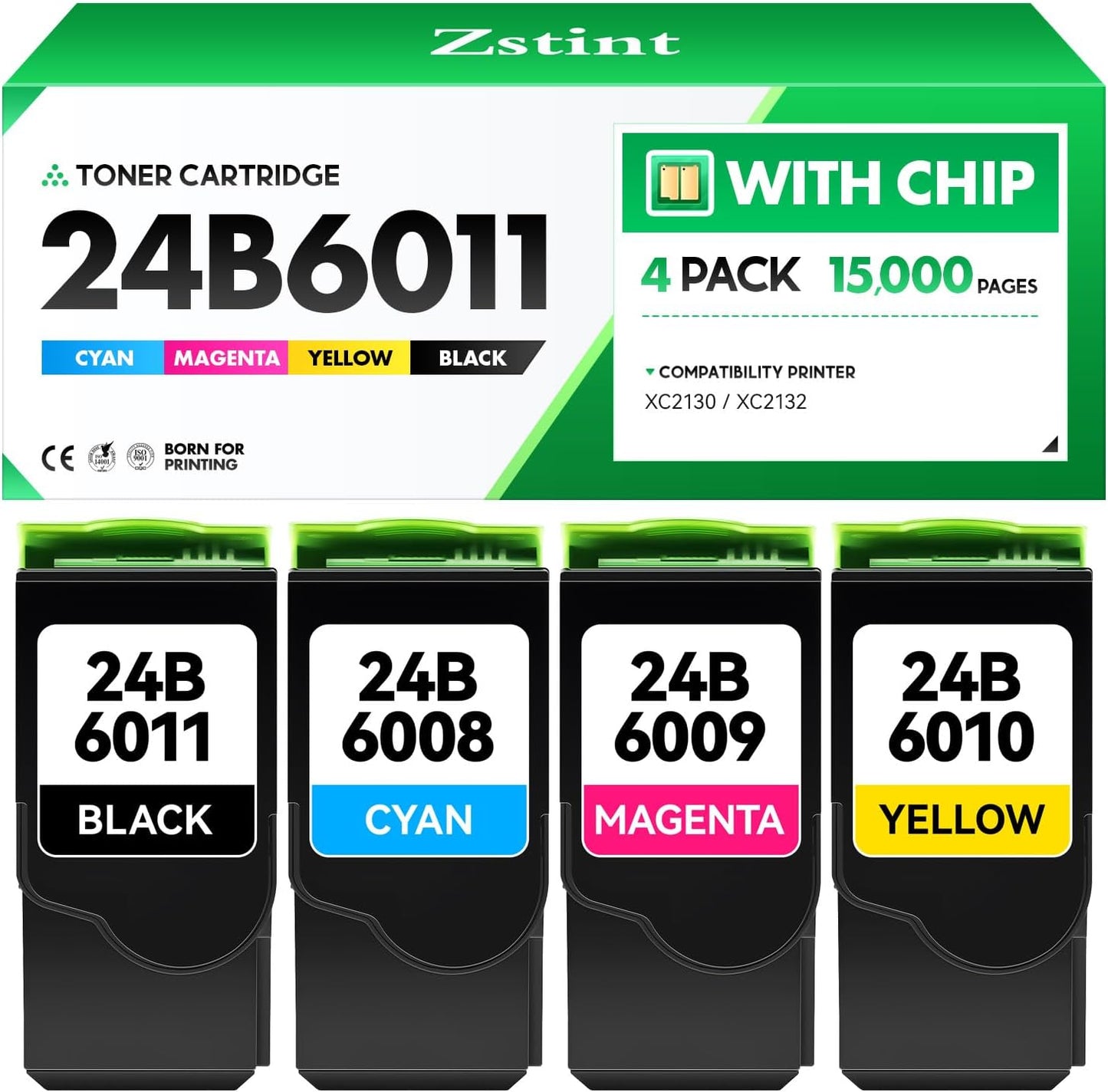 24B6011 24B6008 24B6009 24B6010 Toner Cartridge Set（4-Pack Black Cyan Magenta Yellow with chip） Replacement for XC2132 XC2130 Toner Compatible with Lexmark XC2132 XC2130 Laser Printer Ink All-in-One
