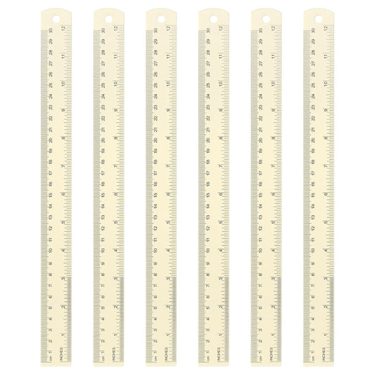 HARFINGTON 6pcs Metal Straight Ruler 30cm Metric SAE Aluminum Alloy Measuring Rulers Scale Tool with Hole for Measure Study Reading Classroom Office, White