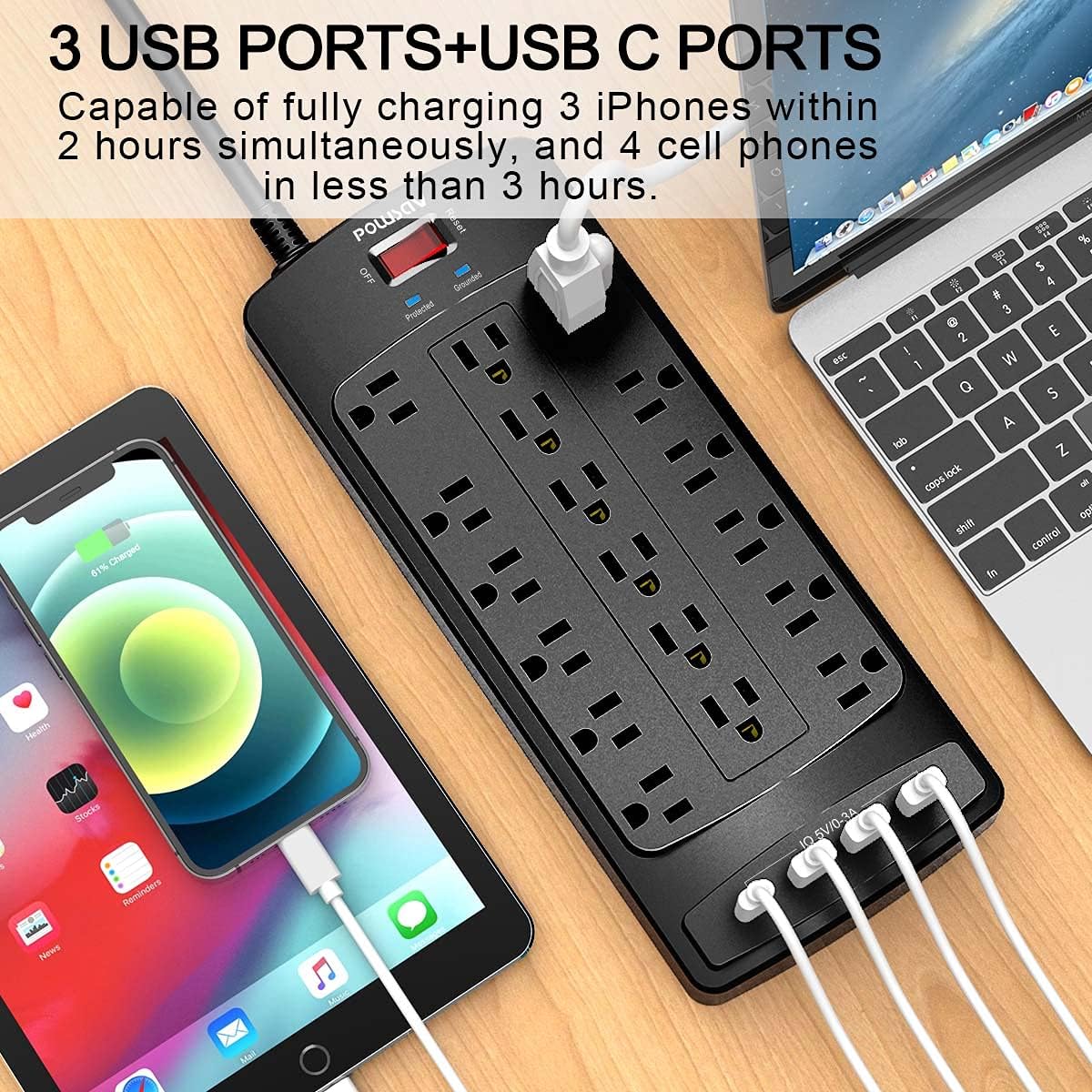 18 Outlets Surge Protector Power Strip - 6 Feet Flat Plug Heavy Duty Extension Cord with 18 Widely Outlets and 4 USB Ports, 2100 Joules, Black, ETL Listed