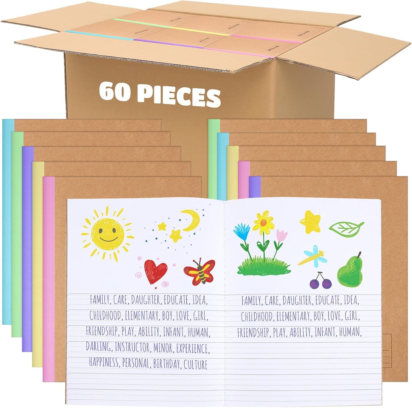 Henoyso 60 Pcs Primary Composition Notebook 9 3/4 x 7 1/2 Inch Kids Journal, Back to School Supplies, K-2 Primary Writing Notebook for Kids Student Draw and Write Story Journal (Colorful Macaron Color)