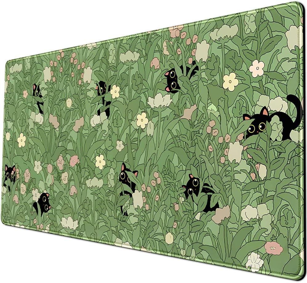 Green Desk Mat XL Cat Cute Plant Cool Desk Pad Keyboard Mat Kawaii Black Cat Flower Mouse Pad Green Desk Mat Desk Decor with Stitched Edges Non-Slip Large Computer Mat 31.5x15.7in