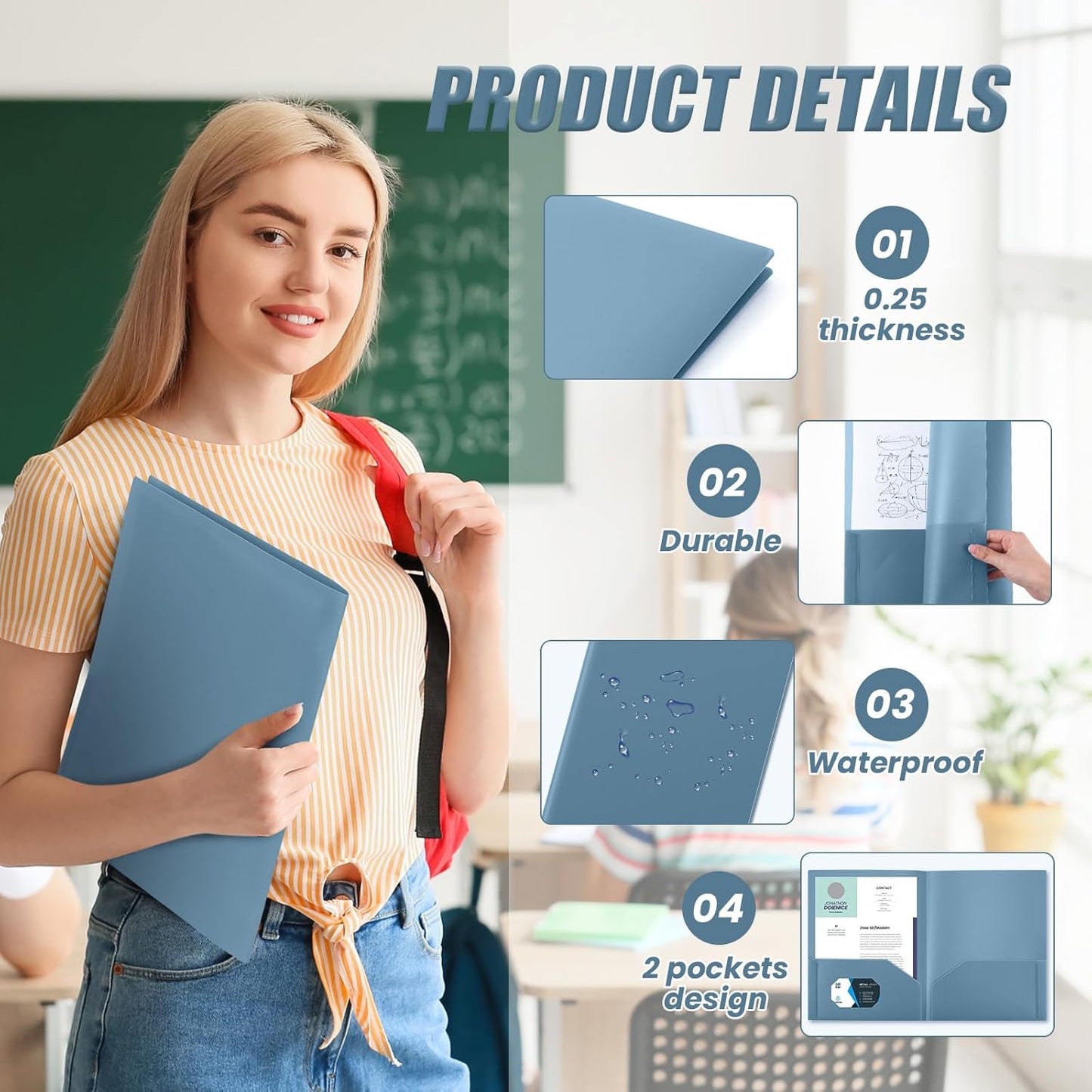 Gueevin 50 Pcs Plastic Folders with Pockets, Back to School Two Pocket Folder Fit Letter Size, Heavy Duty School Business Card Holder for Home Office, 11. 61 x 9. 45 Inches (Blue Gray)