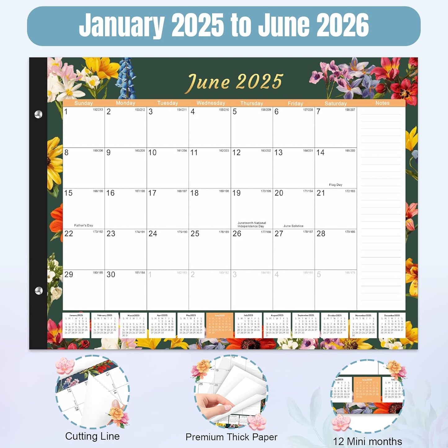 Gannyfer Desk Calendar 2025-2026, Large 22"x17" Desktop Calendars 18 Month Jan 2025 - Jun 2026, Monthly Planner Pad with Plastic Cover -Dark Floral