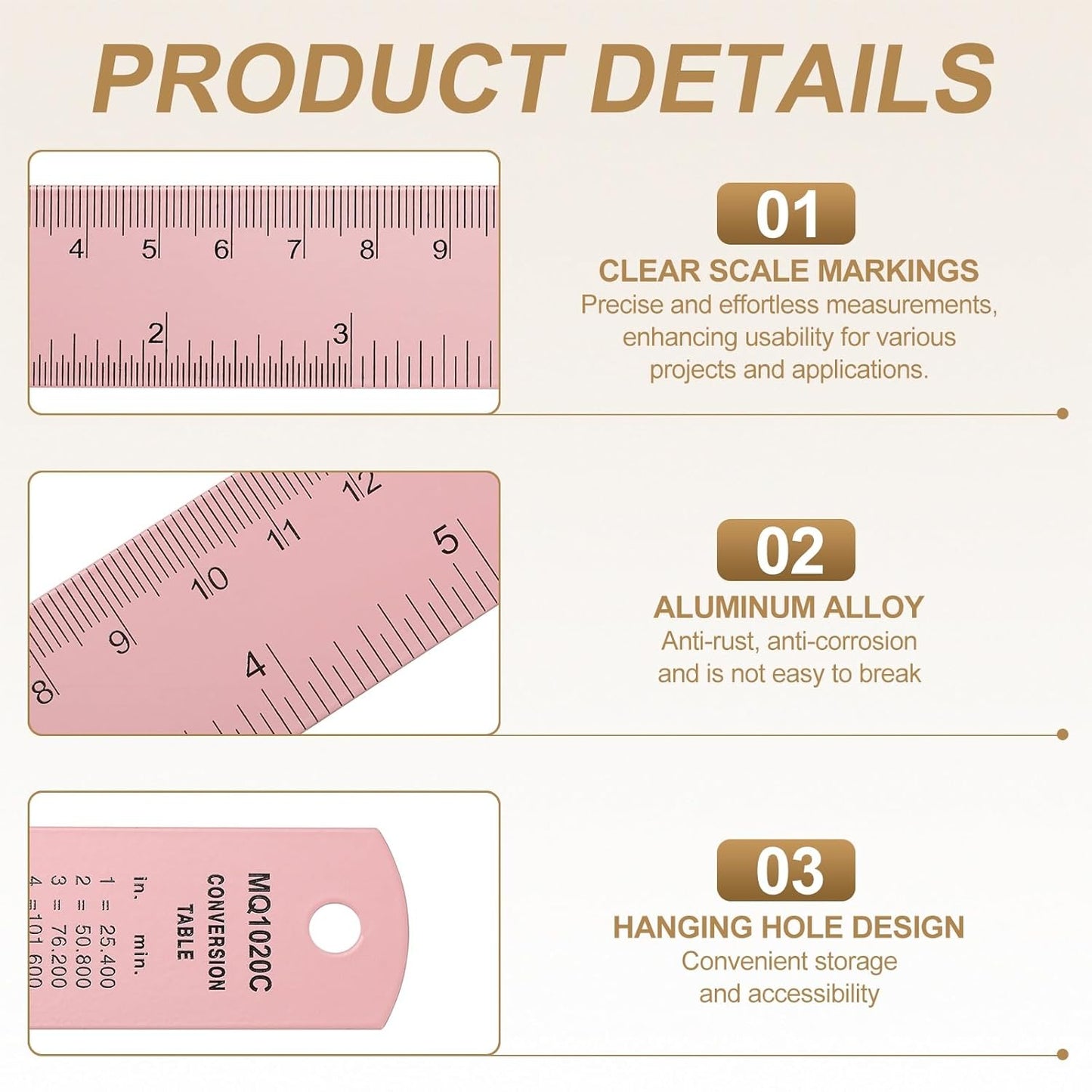 HARFINGTON 6pcs Metal Straight Ruler 20cm Metric SAE Aluminum Alloy Measuring Rulers Scale Tool with Hole for Measure Study Reading Classroom Office, Pink