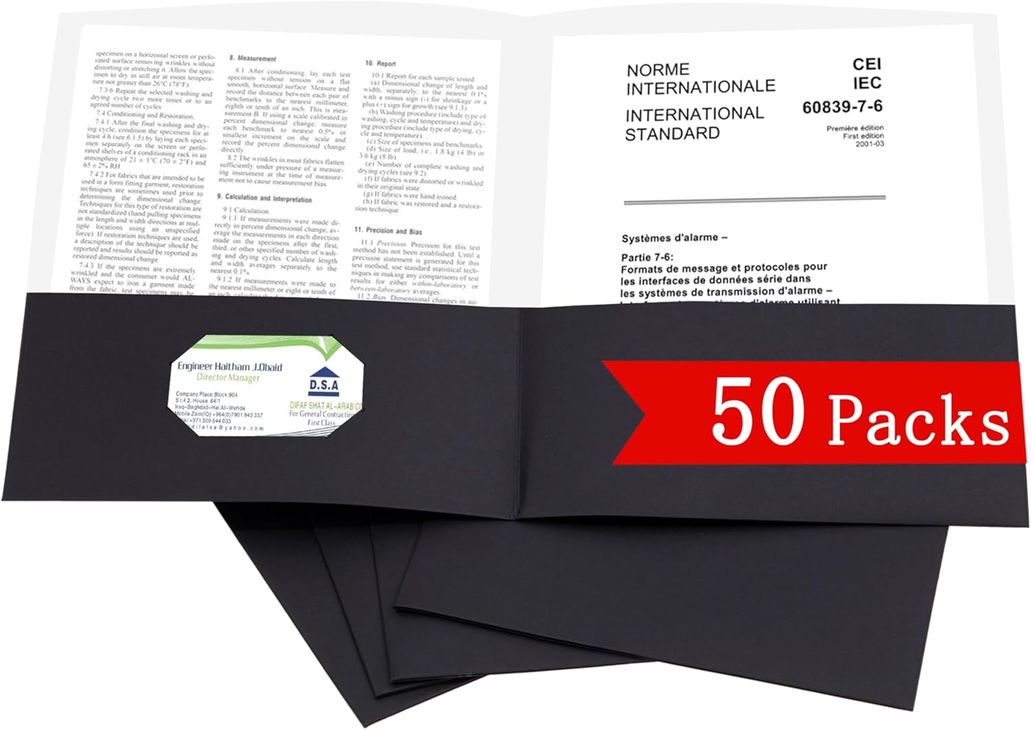 Zzrywuty 50 Packs Two Pocket File Folders with Business Card Slot,Textured Paper,Letter Size,Holds 100 Sheets for School,Office,Business,Black