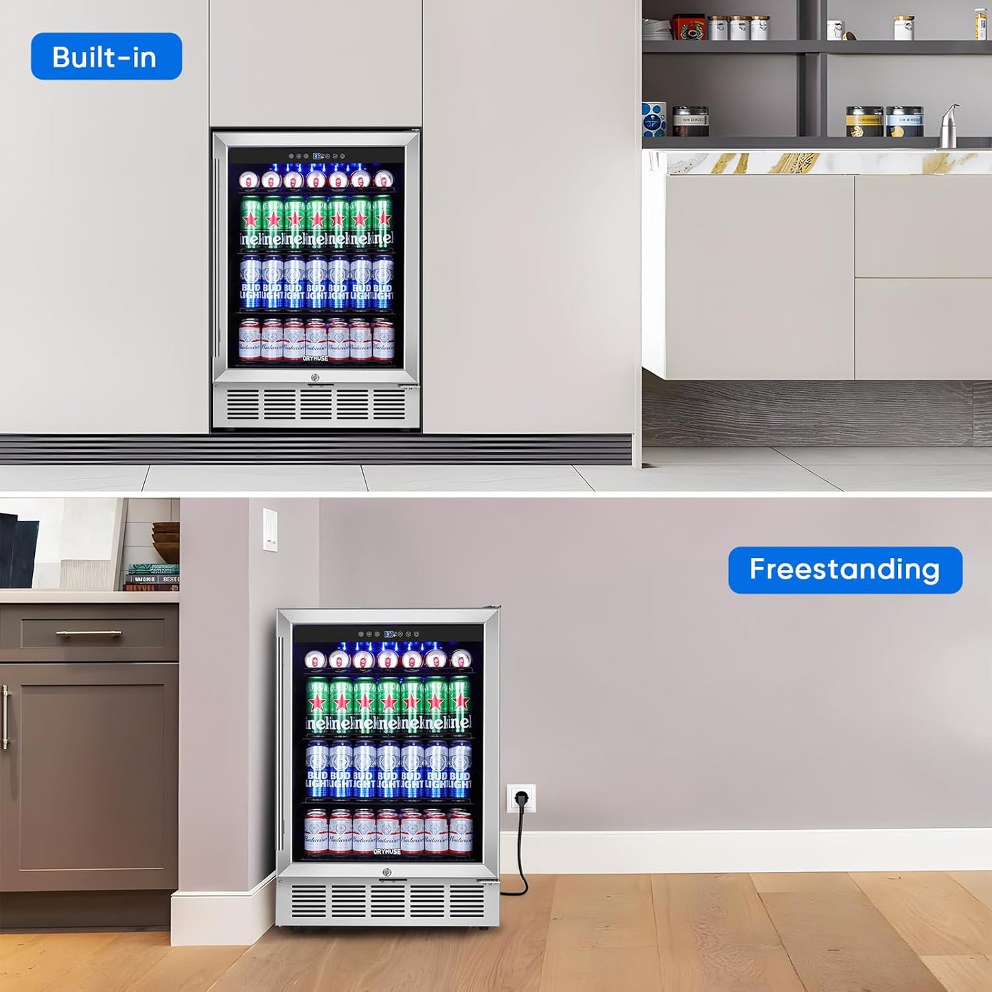 24" Beverage Refrigerator & Cooler, 180 Cans Under Counter Fridge with Lock, Glass Door & Powerful Cooling Compressor - Quiet, Built-in/Freestanding Drink Fridge