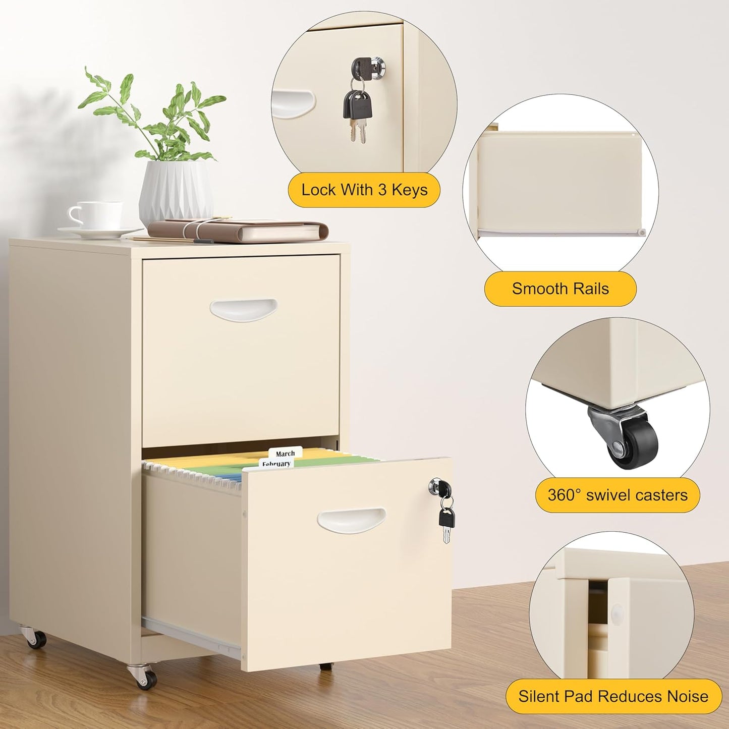 2 Drawer File Cabinet with Lock，Cream Rolling File Cabinet for Home Office, Metal Small Mobile Filing Cabinets on Wheels for Hanging Letter