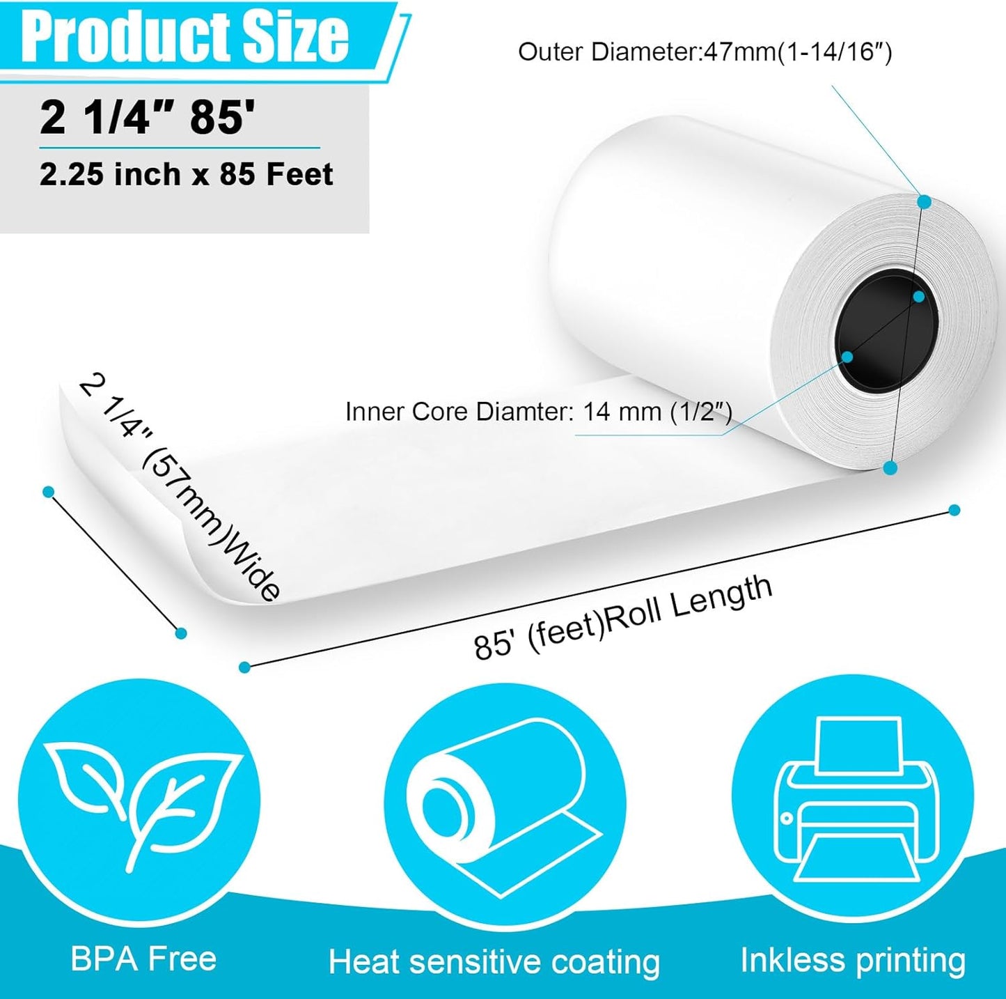 2 1/4" x 85' Thermal Paper Receipt Rolls 2.25 x 85 ft, 20 Rolls Thermal Printer Paper for Credit Card, Cash Register, POS Receipt, Square Credit Card Machines