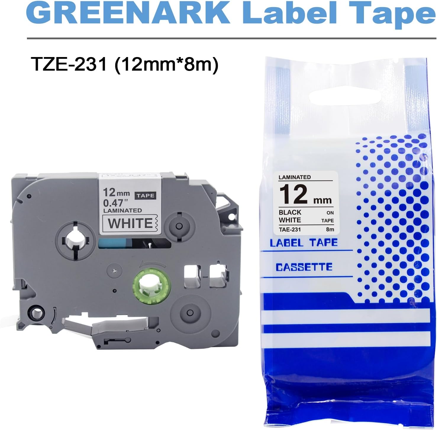 GREENARK TZe-231 TZe231 TZ TZE 231 131 132 133 431 531 631 731 Compatible Label Tape Laminated Black on White Replacement for Brother P-Touch Label Maker PT-J100 etc (12mm x 8m),8-Pack