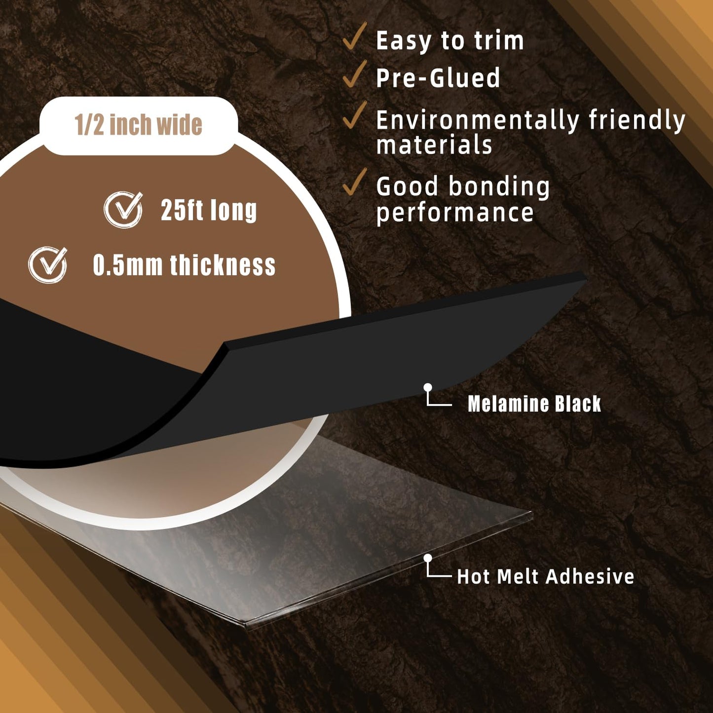 GSCIT Club Black Melamine Edge Banding, 1/2 inch x 25ft Edge Banding with Hot Melt Adhesive Pre-glued Cabinet Edge Banding Flexible Black Veneer Edging for Plywood