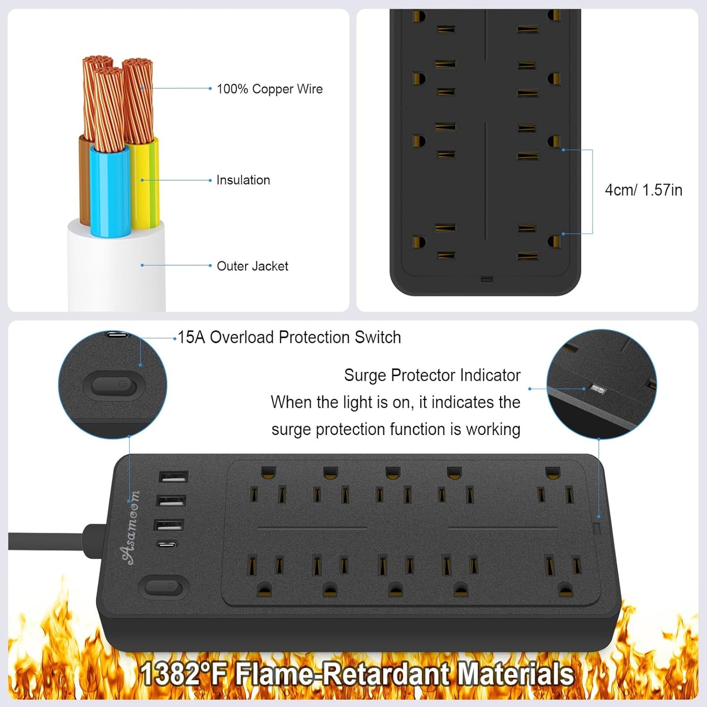 15 FT Power Strips with Surge Protection 1625W/13A,10 Outlets with 4 USB Ports (1 USB C) Long Extension Cord with Multiple Outlets 14-in-1 1700J 16Awg Flat Plug Power Strip Protector Black, ETL Listed