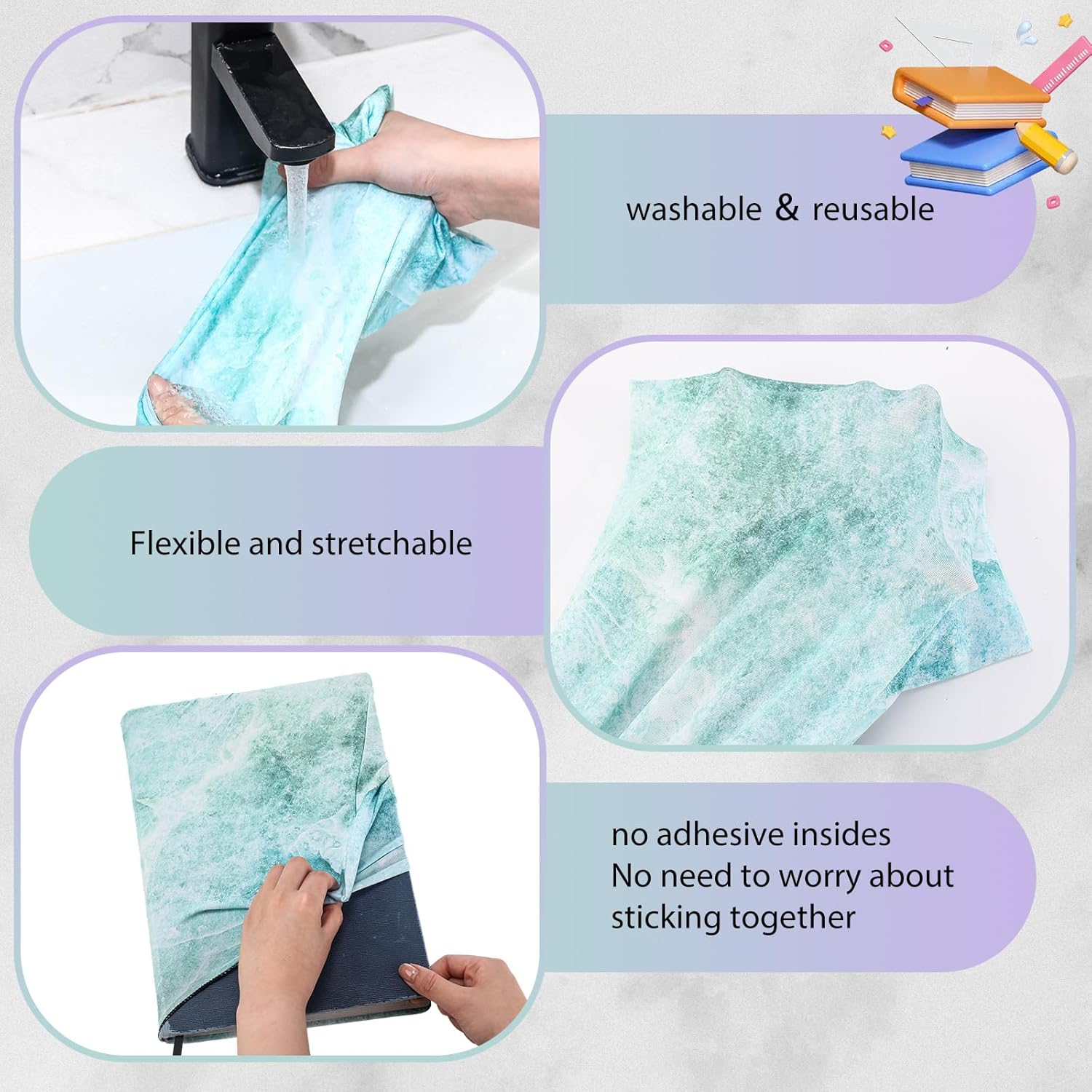 Sherr 14 Pack Stretchable Book Covers Reusable Jumbo Bookcloth 9" x 11" Durable Washable Back to School Book Cover Protector for Most Hardcover Books Textbooks(Fresh,Marble)